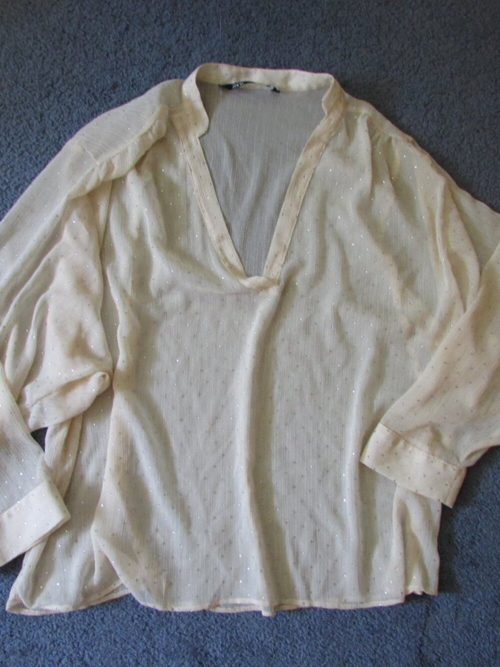 NWOT Zara Medium Cream Full Silver Rhinestone Sheer Chiffon Top Deep VNeck
